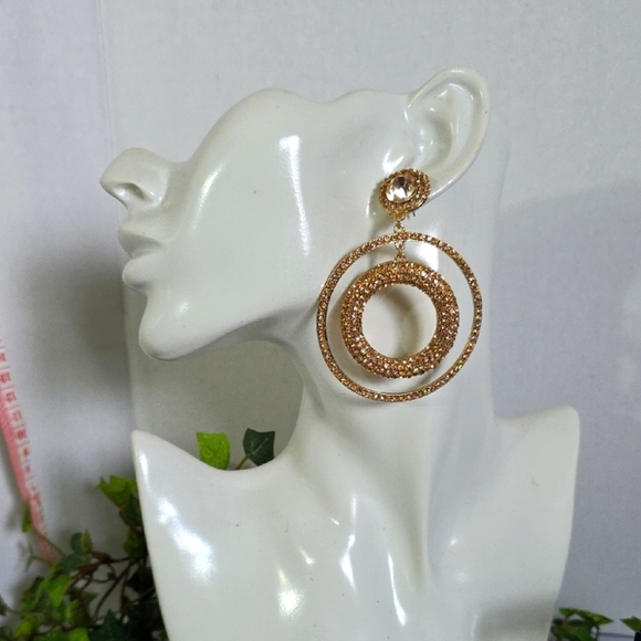 Statement Gold with Champagne Rhinestones Double Hoop Earrings - Picture 3 of 9